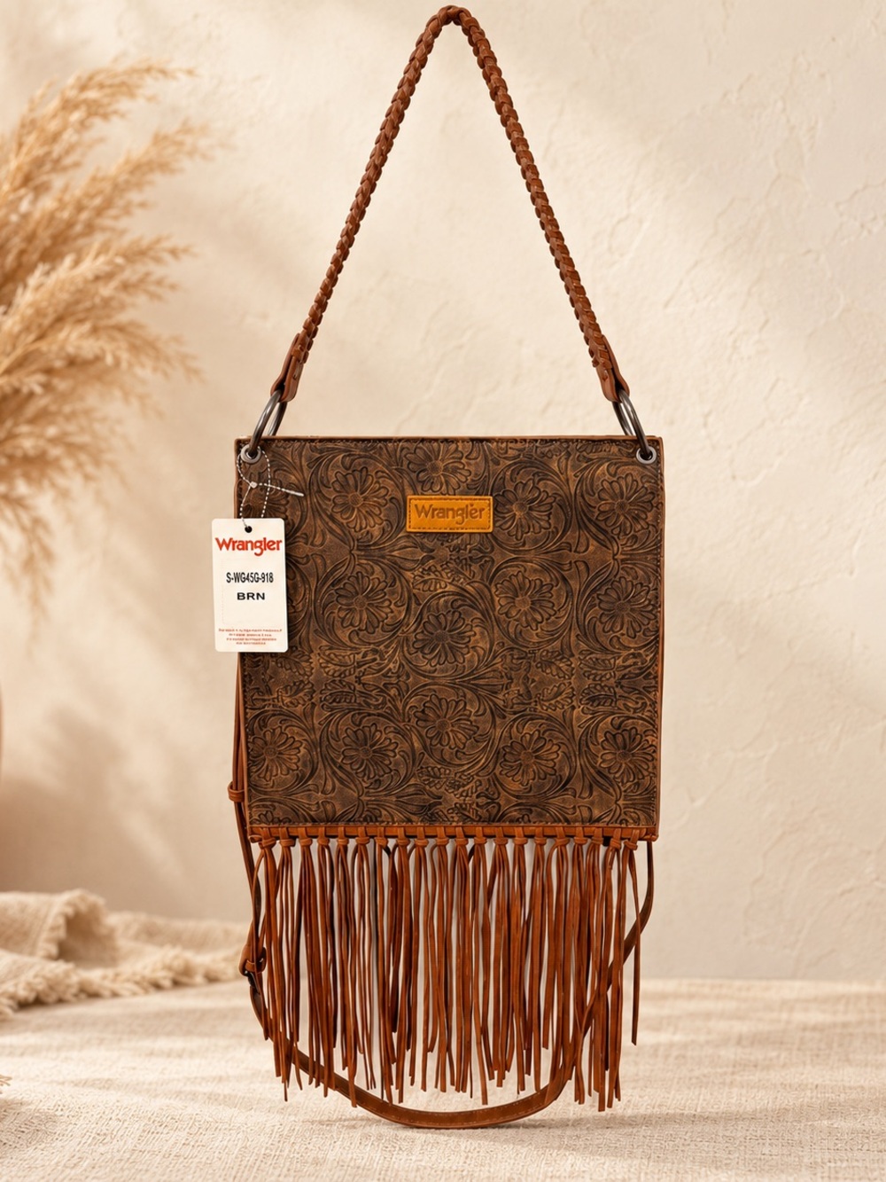 Wrangler Brown Tooled Leather Fringe Shoulder Bag with Braided Strap